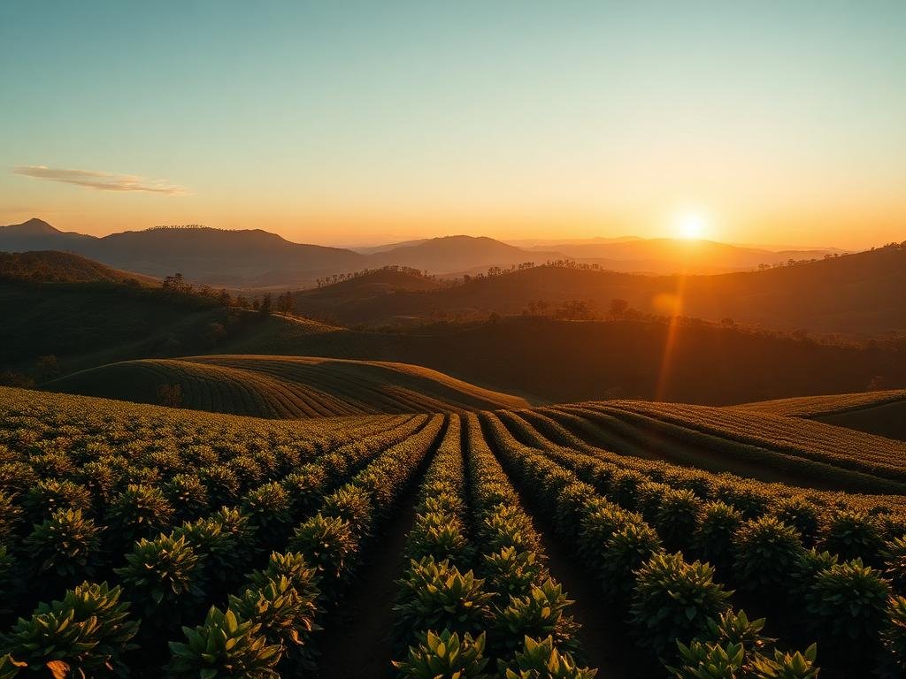 Plantação de café em região montanhosa do Brasil ao entardecer