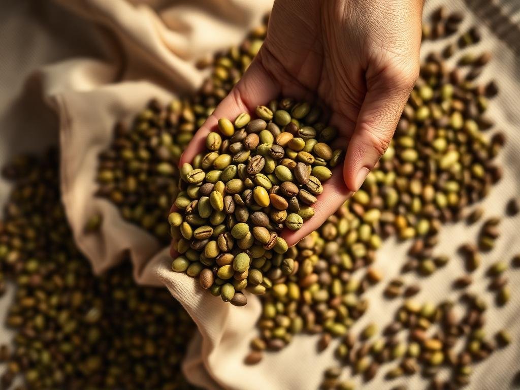 Mãos selecionando grãos verdes de café sobre tecido cru
